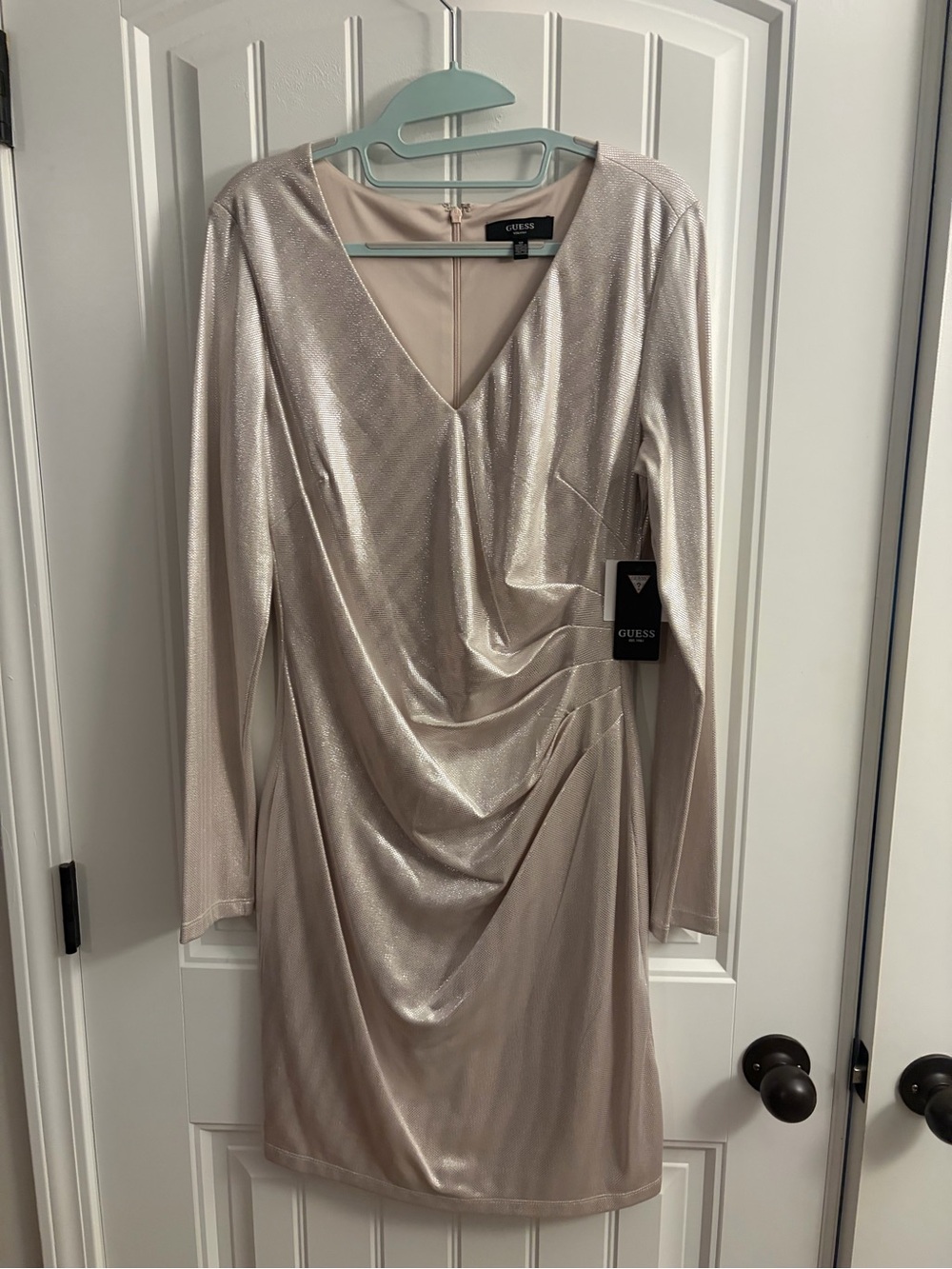 GUESS Metallic Champagne Long Sleeve Draped V-Neck Dress